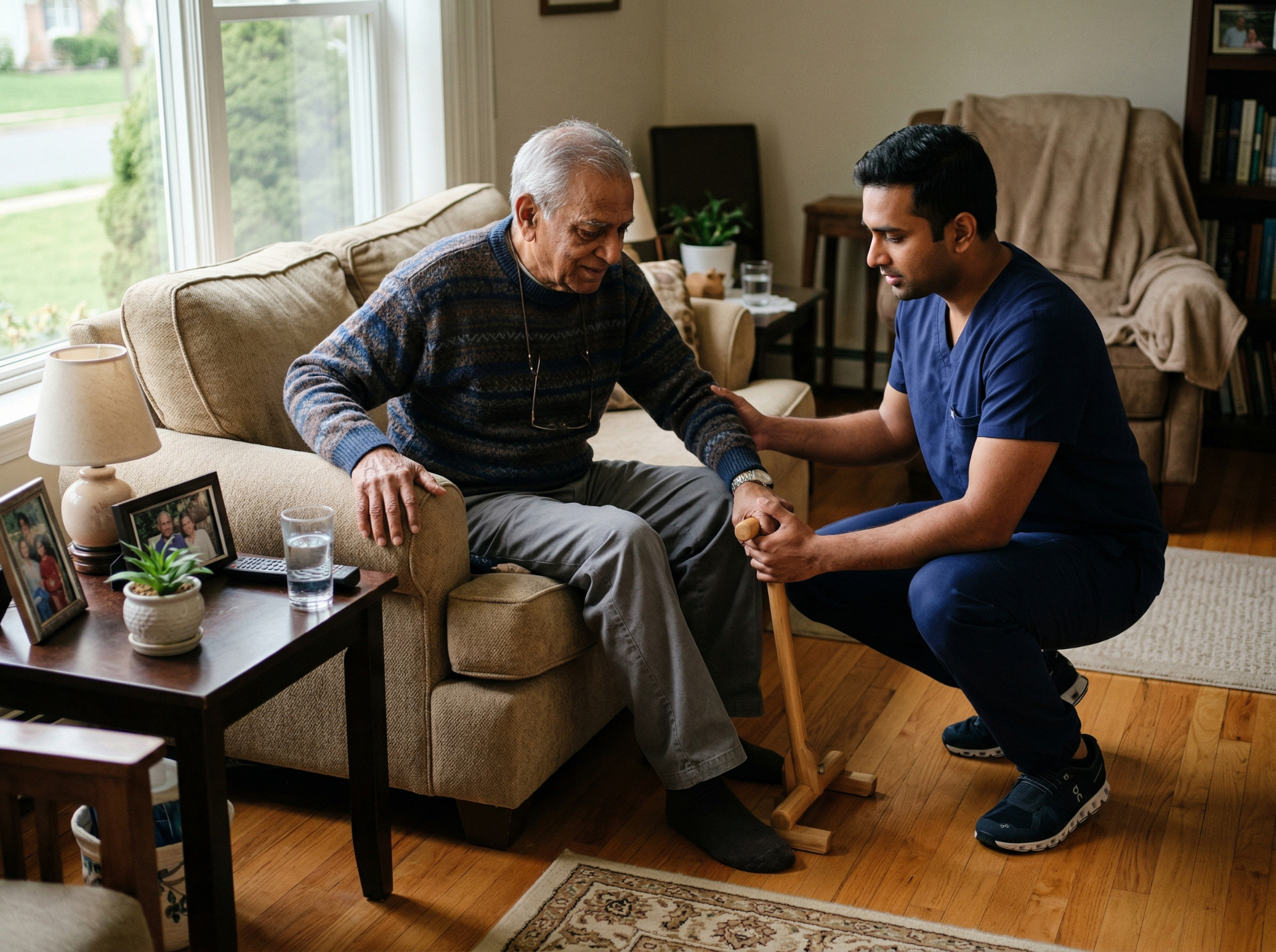 Occupational therapist assisting a patient with mobility exercises at home